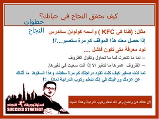 مثال : ( كنتا كي  KFC  )  وأسمه كولونن ساندرس إذا حصل معك هذا الموقف كم مرة ستصبر ... ؟‍‍‍‍ ! تود معرفة متى تكون فاشل  .... لما ما تتحرك لما ما تحاول وتقول الظروف  الظروف  عمرها ما تتغير الا إذا أنت سعيت في تغيرها . لما كنت صغير كيف كنت تقود دراجتك كم مرة سقطت وهذا السقوط  ما أثناك عن عزمك ورغبتك في إنك تتعلم ركوب الدراجة لماذا ... ؟ !  كيف تحقق النجاح في حياتك؟ خطوات النجاح لأن هدفك كان واضح وهو انك تتعلم ركوب الدراجة وهكذا الحياة 