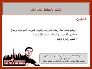 التنظيم :- كيف أصل إلى ما أريد؟ وضع خطة عمل زمنية مدروسة  ( سنوية، شهرية، أسبوعية، يومية ) اختيار القرارات والمواقف حسب الأولويات . تنظيم وإدارة الوقت . كيف تخطط لنجاحك ابدأ بجدولة أعمالك بعد تحديد أدوارك خلال العام ، الشهر ، الأسبوع ، اليوم . استخدم المفكرة وتعود عليها حتى تساعدك في تنظيم حياتك . 