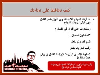 إذا أردنا النجاح فلا بد   لنا وان نذوق طعم الفشل فهي اولى درجات النجاح   وسنتعرف على أقوال في الفشل   : * الفاشلون قسمان   : قسم فكر ولم يفعل   وقسم فعل ولم   يفكر * سقوط الإنسان ليس فشلا وإنما الفشل إن يبقى حيث سقط  0 كيف تحافظ على نجاحك يقول   دايل كارنجي  :  كل دقيقة لا تضيف إلى وجودك فإنها تحط من قدرك  00 