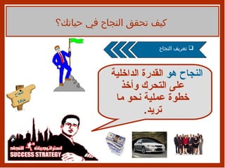 النجاح هو  القدرة الداخلية على التحرك وأخذ خطوة عملية نحو ما تريد . كيف تحقق النجاح في حياتك؟ تعريف النجاح النجاح هناك ! 