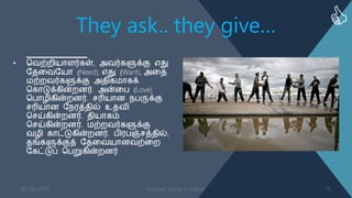 They ask.. they give…
• வ஬ற்நி஦ாபர்கள், அ஬ர்களுக்கு எது
த஡ள஬த஦ா (Need), எது (Want), அள஡
஥ற்ந஬ர்களுக்கு அ஡ிக஥ாகக்
வகாடுக்கின்நணர். அன்ளத (Love)
வதா஫ிகின்நணர். சரி஦ாண ஢தருக்கு
சரி஦ாண த஢஧த்஡ில் உ஡஬ி
வசய்கின்நணர். ஡ி஦ாகம்
வசய்கின்நணர். ஥ற்ந஬ர்களுக்கு
஬஫ி காட்டுகின்நணர். தி஧தஞ்சத்஡ில்,
஡ங்களுக்குத் த஡ள஬஦ாண஬ற்ளந
தகட்டுப் வதறுகின்நணர்
03-08-2016 Success Sutras to follow 13
 