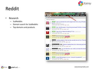 Reddit 
• Research 
– SubReddits 
– Domain search for SubReddits 
– Top domains and products 
www.kairaymedia.com 
 