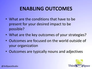 ENABLING OUTCOMES
• What are the conditions that have to be
present for your desired impact to be
possible?
• What are the key outcomes of your strategies?
• Outcomes are focused on the world outside of
your organization
• Outcomes are typically nouns and adjectives
@3rdSpaceStudio
 