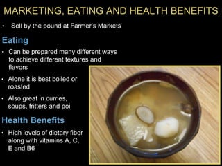 MARKETING, EATING AND HEALTH BENEFITS
• Sell by the pound at Farmer’s Markets
Eating
• Can be prepared many different ways
to achieve different textures and
flavors
• Alone it is best boiled or
roasted
• Also great in curries,
soups, fritters and poi
Health Benefits
• High levels of dietary fiber
along with vitamins A, C,
E and B6
 
