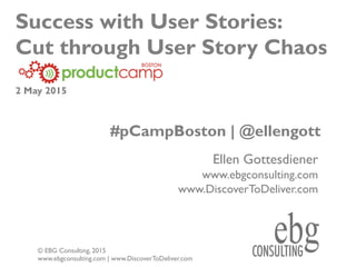 1© EBG Consulting, 2015
www.ebgconsulting.com | www.DiscoverToDeliver.com
Success with User Stories:
Cut through User Story Chaos
Ellen Gottesdiener
www.ebgconsulting.com
www.DiscoverToDeliver.com
#pCampBoston | @ellengott
2 May 2015
 