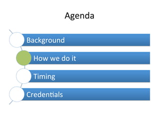 Agenda	
  
Background	
  	
  
How	
  we	
  do	
  it	
  	
  
Timing	
  	
  
Creden6als	
  	
  
 