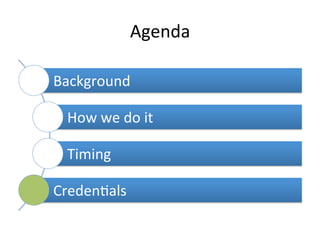 Agenda	
  
Background	
  	
  
How	
  we	
  do	
  it	
  	
  
Timing	
  	
  
Creden6als	
  	
  
 