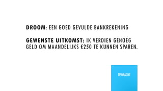 DROOM: EEN GOED GEVULDE BANKREKENING
GEWENSTE UITKOMST: IK VERDIEN GENOEG
GELD OM MAANDELIJKS €250 TE KUNNEN SPAREN.
Opdracht
 