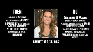 Over
Sjanett de Geus
NUTOEN
SJANETT DE GEUS, MSC
geboren in Duitsland
hele jeugd zwaar gepest
depressief & erg onzeker
impulsief, verslaafd,
verkeerde keuzes
psychologie & docent
burnout
Directeur XII Waves
business coach, trainer
persoonlijk leiderschap & groei
entrepreneur, auteur
transformatie podcast
krachtig, zelfverzekerd
vrijheid: buiten de lijntjes
kleuren
 