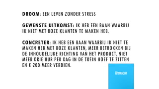 DROOM: EEN LEVEN ZONDER STRESS
GEWENSTE UITKOMST: IK HEB EEN BAAN WAARBIJ
IK NIET MET BOZE KLANTEN TE MAKEN HEB.
CONCRETER: IK HEB EEN BAAN WAARBIJ IK NIET TE
MAKEN HEB MET BOZE KLANTEN, MEER BETROKKEN BIJ
DE INHOUDELIJKE RICHTING VAN HET PRODUCT, NIET
MEER DRIE UUR PER DAG IN DE TREIN HOEF TE ZITTEN
EN € 200 MEER VERDIEN.
Opdracht
 