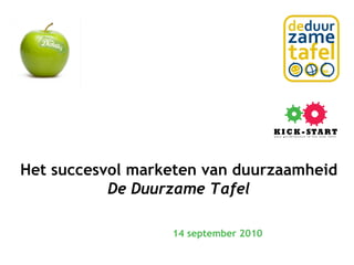 Het succesvol marketen van duurzaamheid De Duurzame Tafel 14 september 2010 