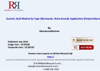 Succinic Acid Market by Type (Bio-based, Petro-based), Application (Polyurethane
By
MarketsandMarkets
Browse more reports on Market Research @
http://
www.rnrmarketresearch.com/reports/materials-chemicals/chemicals/organic-chemicals .
© RnRMarketResearch.com ;
sales@rnrmarketresearch.com ;
+1 888 391 5441
Published: July-2016
Single User : US $5650
Corporate User : US $8150
 