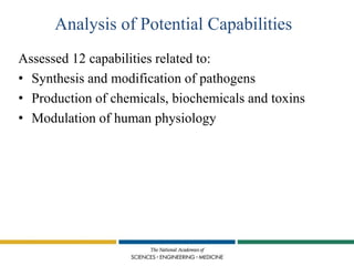 Analysis of Potential Capabilities
Assessed 12 capabilities related to:
• Synthesis and modification of pathogens
• Produc...