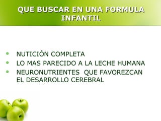 QUE BUSCAR EN UNA FORMULA
             INFANTIL



   NUTICIÓN COMPLETA
   LO MAS PARECIDO A LA LECHE HUMANA
   NEURONUTRIENTES QUE FAVOREZCAN
    EL DESARROLLO CEREBRAL
 