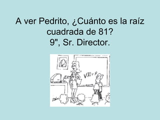 A ver Pedrito, ¿Cuánto es la raíz
cuadrada de 81?
9", Sr. Director.

 