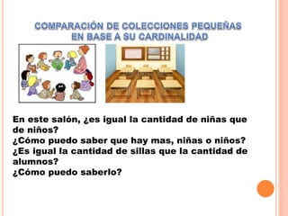 En este salón, ¿es igual la cantidad de niñas que
de niños?
¿Cómo puedo saber que hay mas, niñas o niños?
¿Es igual la cantidad de sillas que la cantidad de
alumnos?
¿Cómo puedo saberlo?
 