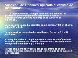 Sucesión  de Fibonacci aplicada al estudio de las plantas La distribución de las hojas alrededor del tallo de las plantas se produce siguiendo secuencias basadas exclusivamente en estos números de la sucesión de Fibonacci.. Los girasoles tienen 55 espirales en un sentido y 89 en el otro, o bien 89 y 144.  Las margaritas presentan las semillas en forma de 21 y 34 espirales. Y cualquier variedad de piña presenta siempre un número de espirales que coincide con dos términos de la sucesión de los conejos de Fibonacci, 8 y 13; o 5 y 8. Parece que el mundo vegetal tenga programado en sus códigos genéticos del crecimiento los términos de la sucesión de Fibonacci. 