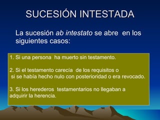 SUCESIÓN INTESTADA La sucesión  ab intestato  se abre  en los siguientes casos: 1. Si una persona  ha muerto sin testamento. 2. Si el testamento carecía  de los requisitos o si se había hecho nulo con posterioridad o era revocado. 3. Si los herederos  testamentarios no llegaban a  adquirir la herencia.  
