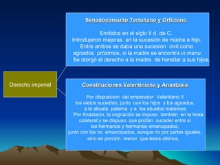 Derecho imperial Senadoconsulto Tertuliano y Orficiano .   Emitidos en el siglo II d. de C.  Introdujeron mejoras  en la sucesión de madre e hijo.  Entre ambos se daba una sucesión  civil como  agnados  próximos, si la madre se encontra i n manu . Se otorgó el derecho a la madre  de heredar a sus hijos. Constituciones Valentiniana y Anastasia   Por disposición  del emperador  Valentiano II  los nietos sucedían, junto  con los hijos  y los agnados,  a la abuela  paterna  y a  los abuelos maternos. Por Anastacio, la cognación se impuso  también  en la línea  colateral y se dispuso  que podían  suceder entre sí  los hermanos y hermanas emancipados,  junto con los no  emancipados, aunque no por partes iguales,  sino en porción  menor  que éstos últimos.   