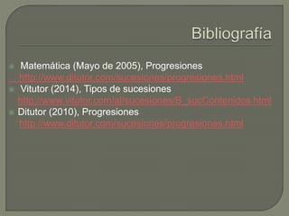  Matemática (Mayo de 2005), Progresiones
http://www.ditutor.com/sucesiones/progresiones.html
 Vitutor (2014), Tipos de sucesiones
http://www.vitutor.com/al/sucesiones/B_sucContenidos.html
 Ditutor (2010), Progresiones
http://www.ditutor.com/sucesiones/progresiones.html
 