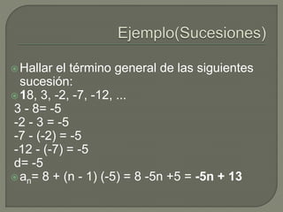 Hallar el término general de las siguientes
sucesión:
18, 3, -2, -7, -12, ...
3 - 8= -5
-2 - 3 = -5
-7 - (-2) = -5
-12 - (-7) = -5
d= -5
an= 8 + (n - 1) (-5) = 8 -5n +5 = -5n + 13
 
