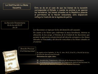 La Institución La Bona
Vacantia Esta se da en el caso de que los bienes de la sucesión
correspondan al Estado, o cuando no existan o se ignoren
los herederos, los bienes situados en la República pasarán
al patrimonio de la Nación venezolana; esta disposición
refleja la tradición de la legislación patria.
La Sucesión Testamentaria
En la Ley del D.I.P.
Art.34
Las Sucesiones se rigen por la ley del domicilio del causante .
En cuanto a los bienes que conforman la masa hereditaria, interesa su
ubicación, la Ley acoge, el Sistema de la Unidad de las Sucesiones que
permite la aplicación extraterritorial del derecho extranjero a los bienes
ubicados en Venezuela y del derecho venezolano a los bienes situados en
el exterior.
Derecho Procesal
Civil Internacional
Se regula en los Capítulos 9, 10 y 11 Arts. 39,52, 53 al 55, y 56 al 62 de la Ley
del derecho Internacional Privado.
Determinan las reglas sobre:
 Jurisdicción, Competencia y Eficacia de las Sentencias Extranjera.
 La forma de los actos procesales, la Cooperación Judicial Internacional, la
aplicación del Derecho Extranjero y los Recursos Procesales
 
