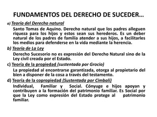 FUNDAMENTOS DEL DERECHO DE SUCEDER…
a) Teoría del Derecho natural
Santo Tomas de Aquino. Derecho natural que los padres alleguen
riqueza para los hijos y estos sean sus herederos. Es un deber
natural de los padres de familia atender a sus hijos, a facilitarles
los medios para defenderse en la vida mediante la herencia.
b) Teoría de La Ley
Derecho Sucesorio no es expresión del Derecho Natural sino de la
Ley civil creada por el Estado.
c) Teoría de la propiedad (sustentada por Grocio)
La propiedad al encontrarse garantizada, otorga al propietario del
bien a disponer de la cosa a través del testamento.
d) Teoría de la copropiedad (Sustentada por Cimbali)
Individual, Familiar y Social. Cónyuge e hijos apoyan y
contribuyen a la formación del patrimonio familiar. Es Social por
que la Ley como expresión del Estado protege al patrimonio
familiar.
 