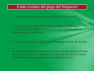 Están exentas del pago del Impuesto

I.   1. Las que no alcancen a un valor de doscientos pesos;


II. 2. Las que sean hechas a los establecimientos públicos e
    instituciones de caridad, beneficencia o de utilidad pública
    reconocidas por el Estado.


III. 3. Las que sean hechas para crear o fomentar el bien de familia.


IV. En caso de donaciones sucesivas hechas por una misma persona
    en provecho de otra, el impuesto se aplicará en cuanto la suma
    de los valores donados asciende a doscientos pesos.
 