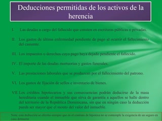 Deducciones permitidas de los activos de la
                    herencia
I.    Las deudas a cargo del fallecido que consten en escrituras públicas o privadas.

II. Los gastos de última enfermedad pendiente de pago al ocurrir el fallecimiento
    del causante.

III. Los impuestos o derechos cuyo pago haya dejado pendiente el fallecido.

IV. El importe de las deudas mortuorias y gastos funerales.

V. Las prestaciones laborales que se produzcan por el fallecimiento del patrono.

VI. Los gastos de fijación de sellos e inventario de bienes.

VII. Los créditos hipotecarios y sus consecuencias podrán deducirse de la masa
     hereditaria cuando el inmueble que sirva de garantía a aquellos se halle dentro
     del territorio de la República Dominicana, sin que en ningún caso la deducción
     pueda ser mayor que el monto del valor del inmueble.
Nota: esta deducción se efectúa siempre que en el contrato de hipoteca no se contemple la exigencia de un seguro en
caso demuerte
 