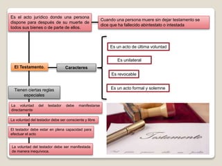 El Testamento.
Es un acto formal y solemne
Caracteres
Es unilateral
Es un acto de última voluntad
Es revocable
Tienen ciertas reglas
especiales
El testador debe estar en plena capacidad para
efectuar el acto
La voluntad del testador debe manifestarse
directamente
La voluntad del testador debe ser manifestada
de manera inequívoca.
La voluntad del testador debe ser consciente y libre
Es el acto jurídico donde una persona
dispone para después de su muerte de
todos sus bienes o de parte de ellos.
Cuando una persona muere sin dejar testamento se
dice que ha fallecido abintestato o intestada
 