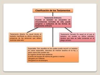 Especiales: Son aquellos en los cuales puede recurrir un testador
en casos especiales, descritos de manera taxativa en la ley, y
estos casos solo pueden ser:
En lugares donde haya epidemia
A bordo de buques de marina de guerra o marina
Otorgado por militares
Otorgados en el extranjero
Clasificación de los Testamentos
Testamento Ordinario
Cuando el testador se encuentra en
circunstancias normales de vida, puede
acogerse a cualquiera de las formas de
testamento ordinario
Testamento Abierto: Es aquel donde el
testador manifiesta su última voluntad en
presencia de las personas que deben
autorizar este acto.
Testamento Cerrado Es aquel en el que el
testador, sin revelar su ultima voluntad,
declara que ésta se halla contenida en el
pliego cerrado.
 