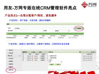 用友-万网专版在线CRM管理软件亮点
产品亮点2—合理分配客户/商机，避免撞单
 产品实现1：客户报备，先报先跟，避免内部撞单




 产品实现2：查看员工跟单情况，分配客户或商机，合理利用业务员资源
 