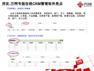 用友-万网专版在线CRM管理软件亮点
 产品实现3：业务员工作检查

  从员工角度来查看其工作成绩信息，包括排名、部门、员工、销售额、商机数、预
 计商机金额、订单数、产品销量、负责客户数、新增客户数、新增行动数，支持按时
 间、部门、员工过滤。




 产品实现4：销售精英榜，营造良好竞争氛围
 