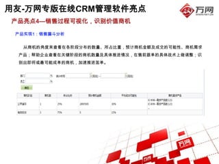 用友-万网专版在线CRM管理软件亮点
产品亮点4—销售过程可视化，识别价值商机

 产品实现1：销售漏斗分析


  从商机的角度来查看在各阶段分布的数量、所占比重，预计商机金额及成交的可能性、商机需求
 产品；帮助企业查看在关键阶段的商机数量及具体推进情况，在售前跟单的具体战术上做调整；识
 别出即将或最可能成单的商机，加速推进签单。
 