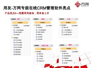用友-万网专版在线CRM管理软件亮点
产品亮点6—预置常用查询，简单易上手

     客户       商机       订单




                       服务
              日程/ 行动
 