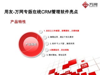 用友-万网专版在线CRM管理软件亮点

 产品特性

            1. 自定义工作桌面，按需授权，方便快捷


              2. 随需应用，满足个性化需求


               3. 软件‘千人千面’，随您所用
     产品特性
               4.数据备份，安全保险

             5. 随时随地、移动应用
 
