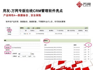 用友-万网专版在线CRM管理软件亮点
产品特性4—数据备份，安全保险

软件包产品实现：数据备份、数据恢复；不需要专业IT人员，均可轻松管理
 