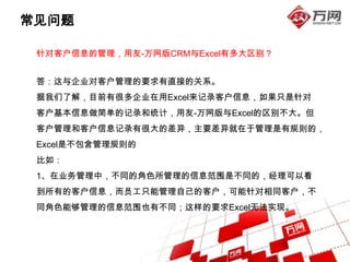 常见问题

 针对客户信息的管理，用友-万网版CRM与Excel有多大区别？


 答：这与企业对客户管理的要求有直接的关系。
 据我们了解，目前有很多企业在用Excel来记录客户信息，如果只是针对
 客户基本信息做简单的记录和统计，用友-万网版与Excel的区别不大。但
 客户管理和客户信息记录有很大的差异，主要差异就在于管理是有规则的，
 Excel是不包含管理规则的
 比如：
 1、在业务管理中，不同的角色所管理的信息范围是不同的，经理可以看
 到所有的客户信息，而员工只能管理自己的客户，可能针对相同客户，不
 同角色能够管理的信息范围也有不同；这样的要求Excel无法实现。
 