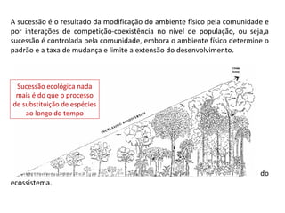 A sucessão é o resultado da modificação do ambiente físico pela comunidade e por interações de competição-coexistência no nível de população, ou seja,a sucessão é controlada pela comunidade, embora o ambiente físico determine o padrão e a taxa de mudança e limite a extensão do desenvolvimento.  Clímax : comunidade que expressa o máximo de desenvolvimento possível do ecossistema. Sucessão ecológica nada mais é do que o processo de substituição de espécies ao longo do tempo 