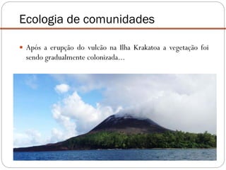 Ecologia de comunidades
 Após a erupção do vulcão na Ilha Krakatoa a vegetação foi
sendo gradualmente colonizada...
 