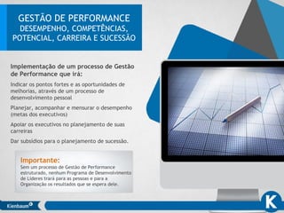 GESTÃO DE PERFORMANCE
DESEMPENHO, COMPETÊNCIAS,
POTENCIAL, CARREIRA E SUCESSÃO
Implementação de um processo de Gestão
de Performance que irá:
Indicar os pontos fortes e as oportunidades de
melhorias, através de um processo de
desenvolvimento pessoal
Planejar, acompanhar e mensurar o desempenho
(metas dos executivos)
Apoiar os executivos no planejamento de suas
carreiras
Dar subsídios para o planejamento de sucessão.
Importante:
Sem um processo de Gestão de Performance
estruturado, nenhum Programa de Desenvolvimento
de Líderes trará para as pessoas e para a
Organização os resultados que se espera dele.
 