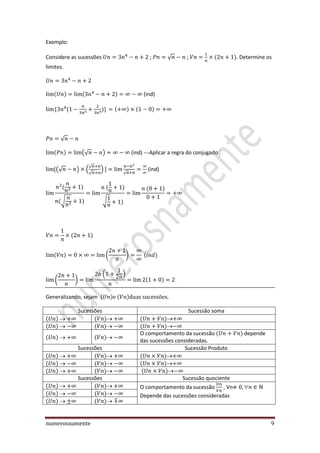 numerosnamente 9
Exemplo:
Considere as sucessões ; √ ; . Determine os
limites.
(ind)
√
(√ ) (ind) ---Aplicar a regra do conjugado
(√ ) (
√
√
)
√
(ind)
√ √
( )
( )
( )
Generalizando, sejam
Sucessões Sucessão soma
O comportamento da sucessão depende
das sucessões consideradas.
Sucessões Sucessão Produto
Sucessões Sucessão quociente
O comportamento da sucessão , Vn
Depende das sucessões consideradas
 