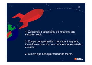 2




1. Conceitos e execuções de negócios que
ninguém copia.

2. Equipe comprometida, motivada, integrada,
inovadora e quer ficar um bom tempo associada
à marca.

3. Cliente que não quer mudar de marca.
 