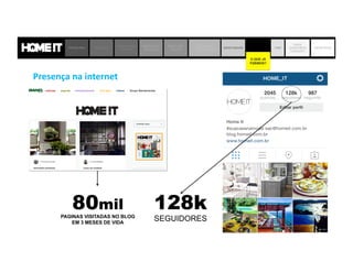 Presença	
  na	
  internet	
  
128k
SEGUIDORES
80mil
PAGINAS VISITADAS NO BLOG
EM 3 MESES DE VIDA
PROBLEMA SOLUÇÃO
JORNADA DO
CLIENTE
MODELO DE
NEGÓCIO
MERCADO
DECOR
MATRIZ DE
CONCORRÊNCIA
BENCHMARK
O QUE JÁ
FIZEMOS?
TIME
ONDE
QUEREMOS
CHEGAR?
OBJETIVOS
O QUE JÁ
FIZEMOS?
 