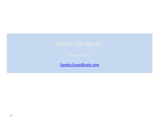 20
Muito Obrigada !
Sandra Lissot
Sandra.lissot@vale.com
 