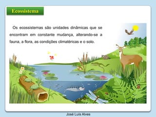 EcossistemaOs ecossistemas são unidades dinâmicas que se encontram em constante mudança, alterando-se a fauna, a flora, as condições climatéricas e o solo.José Luís Alves