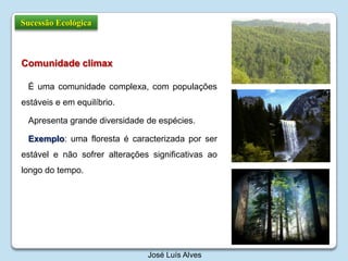 Sucessão EcológicaComunidade climaxÉ uma comunidade complexa, com populações estáveis e em equilíbrio. Apresenta grande diversidade de espécies. Exemplo: uma floresta é caracterizada por ser estável e não sofrer alterações significativas ao longo do tempo.José Luís Alves