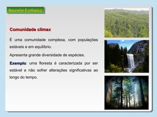 Sucessão EcológicaSucessão EcológicaSucessão EcológicaSucessão Ecológica
Comunidade climaxComunidade climax
É uma comunidade complexa, com populações
estáveis e em equilíbrio.
Apresenta grande diversidade de espécies.
ExemploExemplo: uma floresta é caracterizada por ser
estável e não sofrer alterações significativas ao
longo do tempo.
 