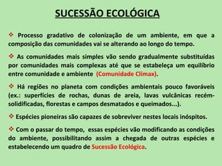 SUCESSÃO ECOLÓGICA
 Processo gradativo de colonização de um ambiente, em que a
composição das comunidades vai se alterando ao longo do tempo.
 As comunidades mais simples vão sendo gradualmente substituídas
por comunidades mais complexas até que se estabeleça um equilíbrio
entre comunidade e ambiente (Comunidade Clímax).
 Há regiões no planeta com condições ambientais pouco favoráveis
(ex.: superfícies de rochas, dunas de areia, lavas vulcânicas recém-
solidificadas, florestas e campos desmatados e queimados...).
 Espécies pioneiras são capazes de sobreviver nestes locais inóspitos.
 Com o passar do tempo, essas espécies vão modificando as condições
do ambiente, possibilitando assim a chegada de outras espécies e
estabelecendo um quadro de Sucessão Ecológica.
 