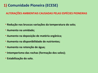 1) Comunidade Pioneira (ECESE)
 ALTERAÇÕES AMBIENTAIS CAUSADAS PELAS ESPÉCIES PIONEIRAS


• Redução nas bruscas variações da temperatura do solo;
• Aumento na umidade;
• Aumento na deposição de matéria orgânica;
• Aumento na disponibilidade de nutrientes;
• Aumento na retenção de água;
• Intemperismo das rochas (formação dos solos);
• Estabilização do solo.
 